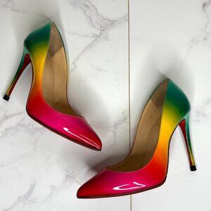 Christian Louboutin Pigalle Follies 100mm Rainbow Ombre Multi Patent Heels 34.5